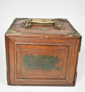 Antique Chinese Mahjong Set with Bone Engraved Tiles On Bamboo Backs, Betting Sticks and Dice in  Rosewood Wooden 5-Drawer Box 