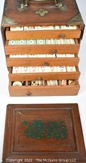 Antique Chinese Mahjong Set with Bone Engraved Tiles On Bamboo Backs, Betting Sticks and Dice in  Rosewood Wooden 5-Drawer Box 