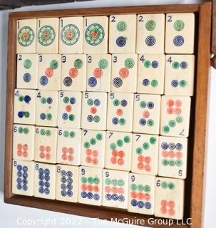 Antique Chinese Mahjong Set with Bone Engraved Tiles On Bamboo Backs, Betting Sticks and Dice in  Rosewood Wooden 5-Drawer Box 