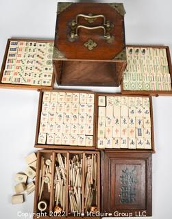 Antique Chinese Mahjong Set with Bone Engraved Tiles On Bamboo Backs, Betting Sticks and Dice in  Rosewood Wooden 5-Drawer Box 