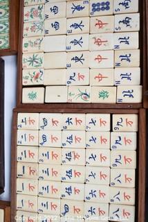 Antique Chinese Mahjong Set with Bone Engraved Tiles On Bamboo Backs, Betting Sticks and Dice in  Rosewood Wooden 5-Drawer Box 