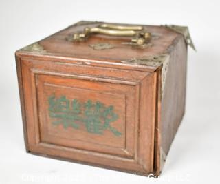 Antique Chinese Mahjong Set with Bone Engraved Tiles On Bamboo Backs, Betting Sticks and Dice in  Rosewood Wooden 5-Drawer Box 