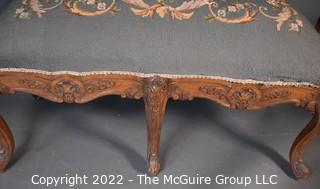 Carved French Provincial Bench With Needlepoint Upholstery Seat.  38" L x 18" W