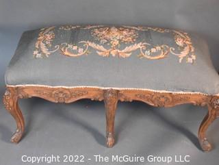 Carved French Provincial Bench With Needlepoint Upholstery Seat.  38" L x 18" W