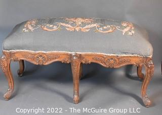 Carved French Provincial Bench With Needlepoint Upholstery Seat.  38" L x 18" W