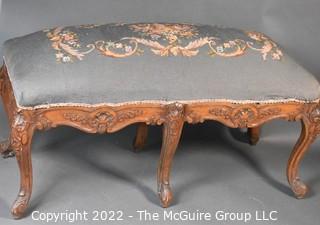 Carved French Provincial Bench With Needlepoint Upholstery Seat.  38" L x 18" W