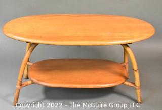 Vintage Mid Century Modern Oval Two Tier Coffee Table with Bamboo Rattan Legs.34"L x 18"W x  17"T