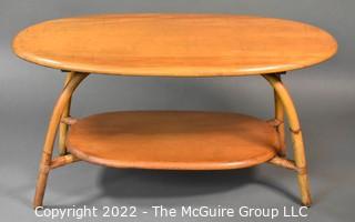 Vintage Mid Century Modern Oval Two Tier Coffee Table with Bamboo Rattan Legs.34"L x 18"W x  17"T