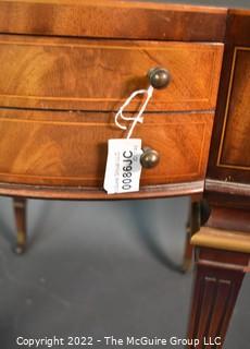 Two Drawer Sheraton Style Mahogany End Table With Inlay And Brass Pulls. Damage to finish. 27"L x 27"H x 20"W