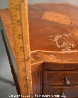 Two Drawer Sheraton Style Mahogany End Table With Inlay And Brass Pulls. Damage to finish. 27"L x 27"H x 20"W