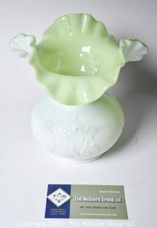 Fenton Art Glass Milk Glass Vase with Green Interior and Ruffle Edge. 