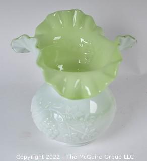 Fenton Art Glass Milk Glass Vase with Green Interior and Ruffle Edge. 