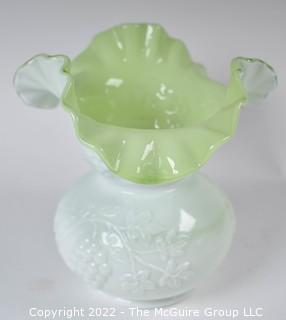 Fenton Art Glass Milk Glass Vase with Green Interior and Ruffle Edge. 