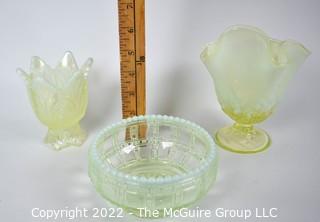 Three (3) Fenton Imperial Uranium Vaseline Glass Vases and Dish.