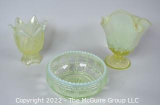 Three (3) Fenton Imperial Uranium Vaseline Glass Vases and Dish.