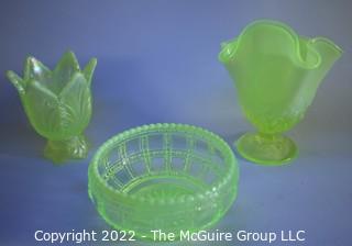 Three (3) Fenton Imperial Uranium Vaseline Glass Vases and Dish.