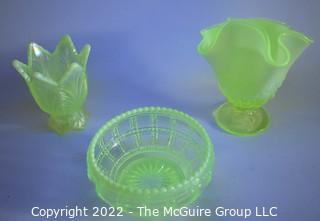 Three (3) Fenton Imperial Uranium Vaseline Glass Vases and Dish.