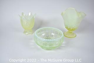 Three (3) Fenton Imperial Uranium Vaseline Glass Vases and Dish.