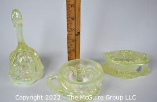 Three (3) Fenton Imperial Uranium Vaseline Hand Bell, Cup and Lidded Dish.