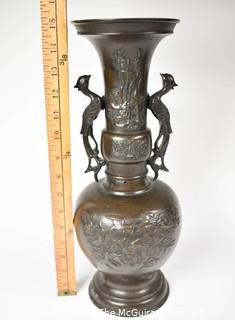 Antique Chinese Bronze Vase with Bird Motif.  15" Tall 