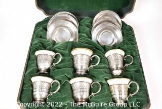 Set of Six (6) Sterling Silver Demitasse Cup Holders, Saucers and Lenox Liners in Presentation Box.  