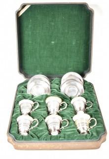 Set of Six (6) Sterling Silver Demitasse Cup Holders, Saucers and Lenox Liners in Presentation Box.  