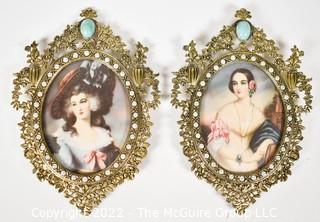 Pair Of Oval Prints of Miniatures by George Romney in Gold Ormolu Frames 
