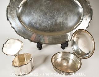 Three (3) Silver Plated Serving Items Including Serving Tray and Lidded Box by Paul Lackritz and Unsigned Crumb Catcher. 