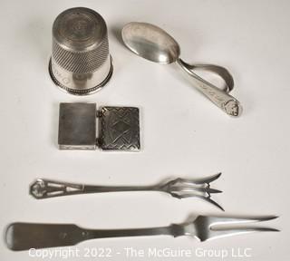 Five (5) Pieces of Sterling Silver Including Native American Made Pill Box and Thimble Shot Glass Jigger. 
