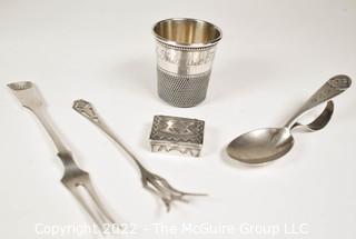 Five (5) Pieces of Sterling Silver Including Native American Made Pill Box and Thimble Shot Glass Jigger. 
