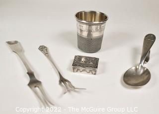 Five (5) Pieces of Sterling Silver Including Native American Made Pill Box and Thimble Shot Glass Jigger. 
