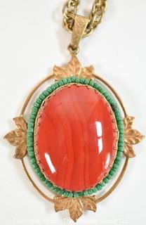 Vintage Red Jasper Cabochon Pendant with Turquoise Beaded Surround with Gold Chain