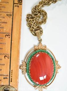 Vintage Red Jasper Cabochon Pendant with Turquoise Beaded Surround with Gold Chain