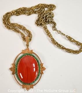 Vintage Red Jasper Cabochon Pendant with Turquoise Beaded Surround with Gold Chain