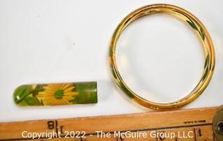 Vintage Lucite with Inlaid Daisy Bangle Bracelet and Matching Brooch.  