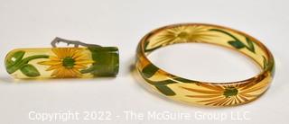 Vintage Lucite with Inlaid Daisy Bangle Bracelet and Matching Brooch.  