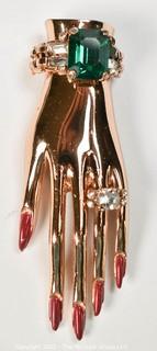 Adolf Katz for Coro Craft Sterling Silver Jeweled Hand Brooch with Rhinestones  