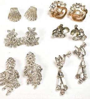 Six (6) Pairs of Vintage Rhinestone Earrings Including Trifari & Halbe