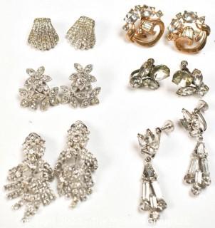 Six (6) Pairs of Vintage Rhinestone Earrings Including Trifari & Halbe