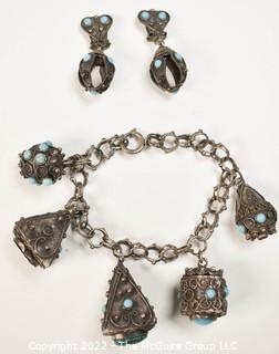 Vintage 1930's Etruscan Revival Silver & Turquoise Charm Bracelet with Matching Clip On Earrings. 