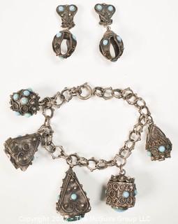 Vintage 1930's Etruscan Revival Silver & Turquoise Charm Bracelet with Matching Clip On Earrings. 