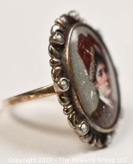 Victorian 14K Gold Miniature Hand painted Portrait Ring with Pearl Surround. 7 grams