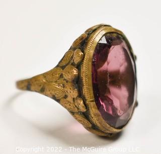 Victorian Revival Faceted Amethyst Glass Brass Ring