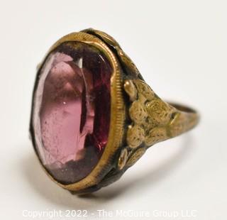 Victorian Revival Faceted Amethyst Glass Brass Ring