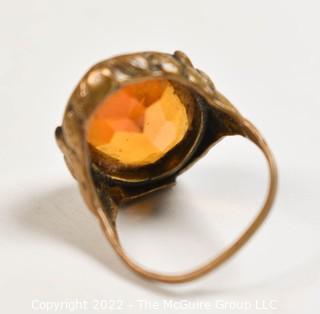 Victorian Revival Faceted Amber Topaz Glass Brass Ring 