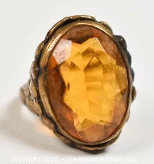 Victorian Revival Faceted Amber Topaz Glass Brass Ring 