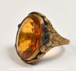 Victorian Revival Faceted Amber Topaz Glass Brass Ring 