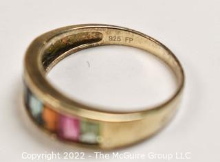 Sterling Silver Fp.925 Vermeil with Channel Set Multi Color Crystal Ring 