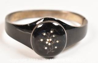 Victorian Silver with Black Enamel Paint Mourning Bracelet with Hinged Glass Case. 
