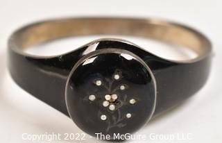 Victorian Silver with Black Enamel Paint Mourning Bracelet with Hinged Glass Case. 
